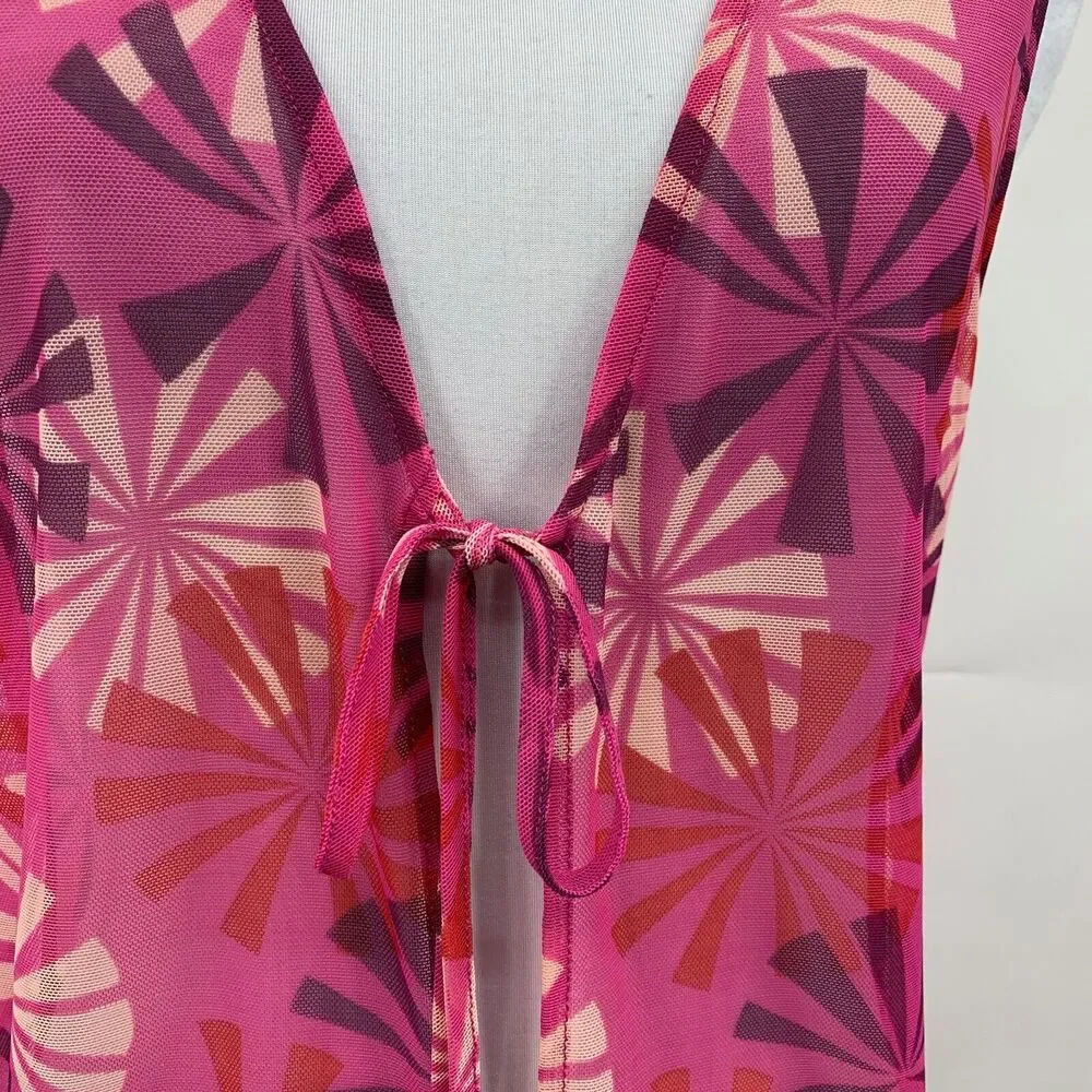 BCBGMaxazria Cover Up Womens M Medium Pink Multi Mesh Sleeveless Beach Tie Front